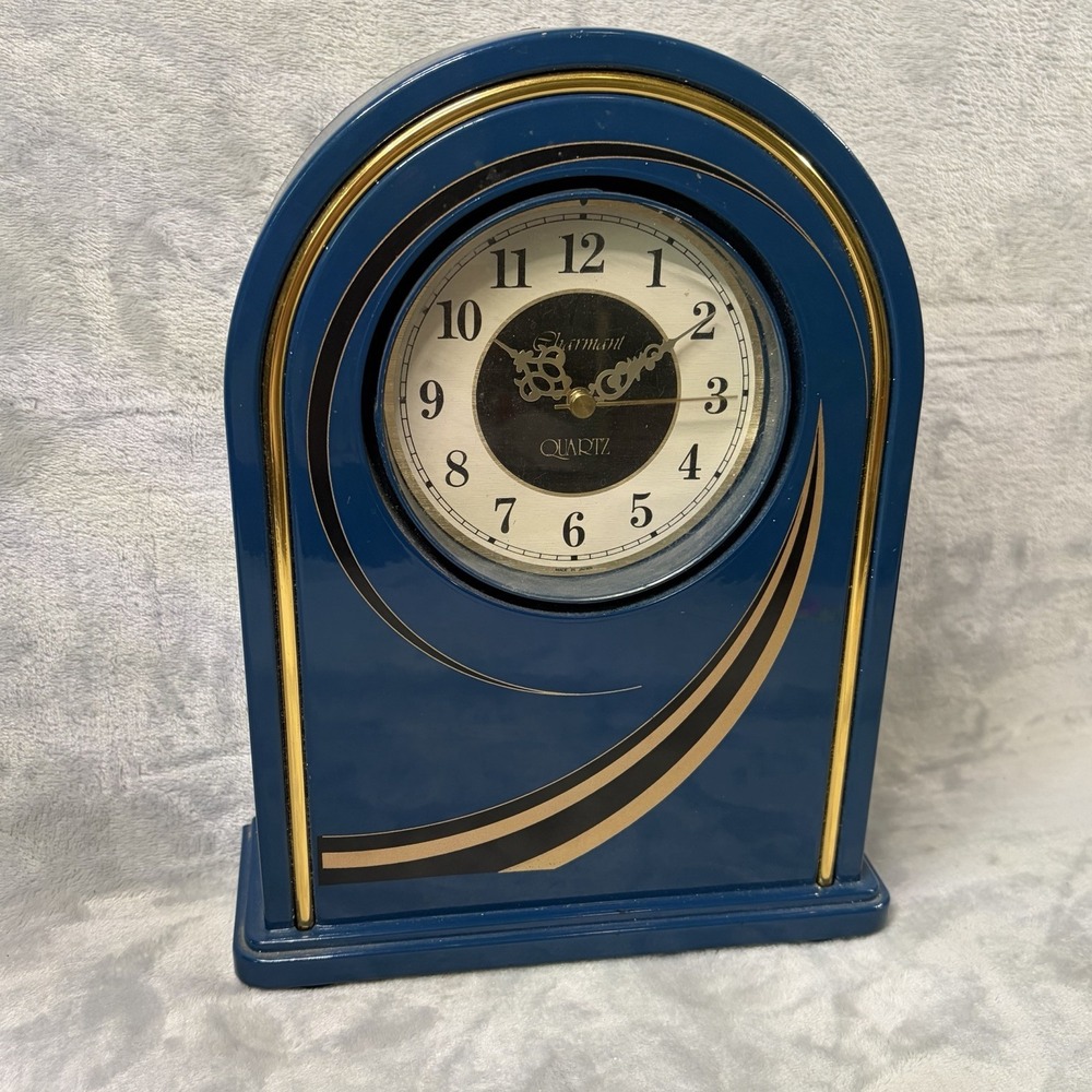 Charmant Quartz Mantel Clock Navy Blue Gold Arched Vintage Japan Tested Works